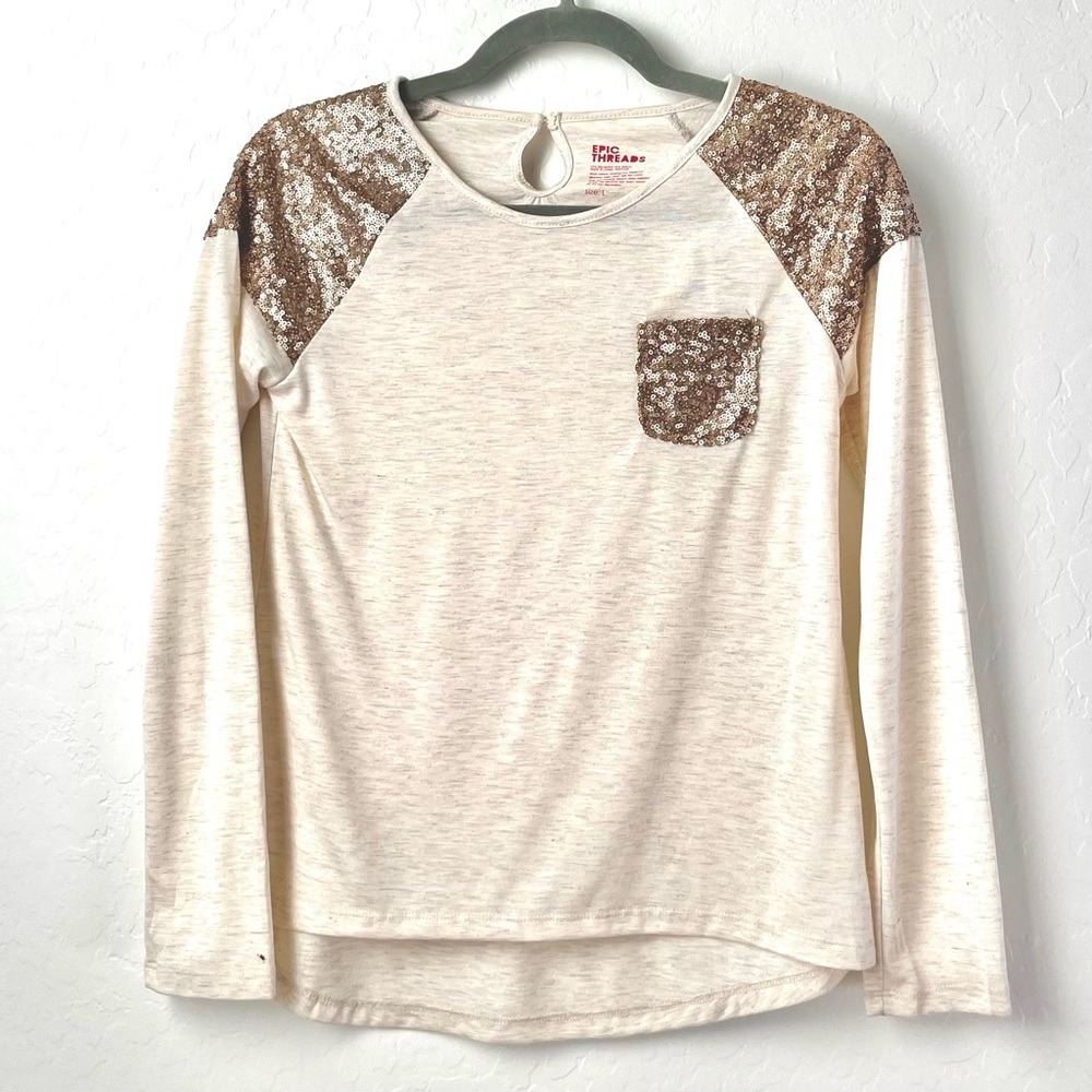 Epic Threads Kids Girls Long Sleeve Shirt Large Cream Sequins Holiday Neutral